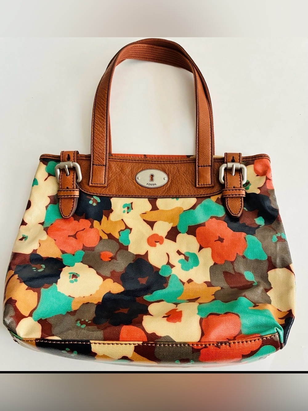 Fossil Key-Per Multicolor Floral Coated Canvas Tote with Brown Leather Handles